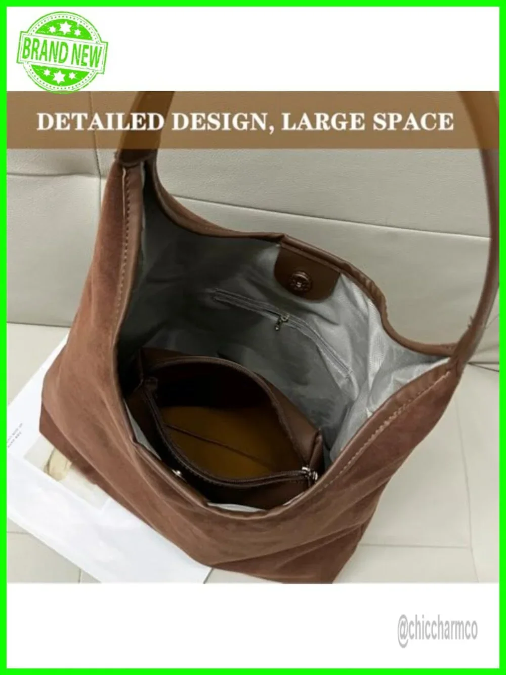 Faux Suede Hobo Shoulder Bag with Magnetic Closure, Tote